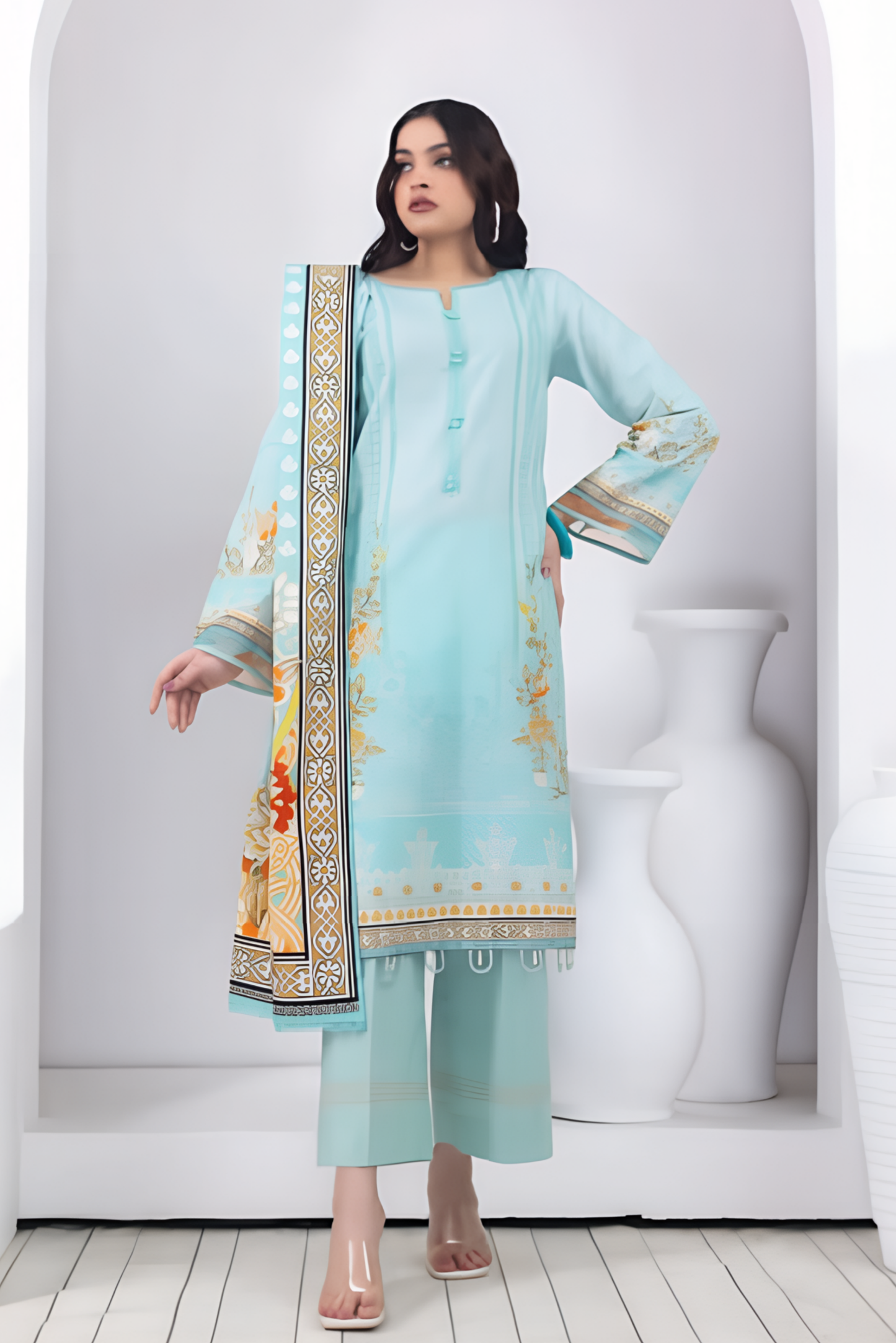 3 Pieces - Regalia Stitched Light Firoze Printed Khaddar Suit