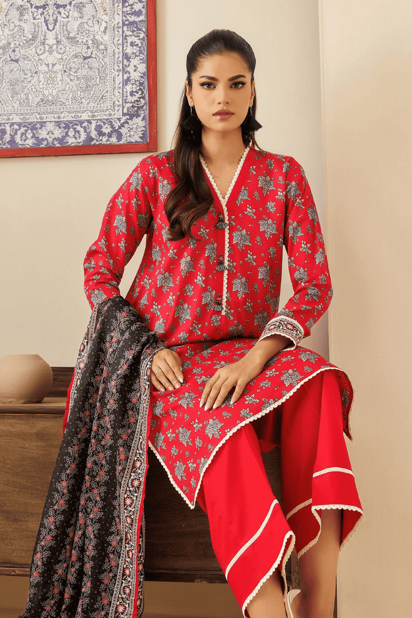 3 Pieces - Orient Unstitched Red Printed Lawn Suit
