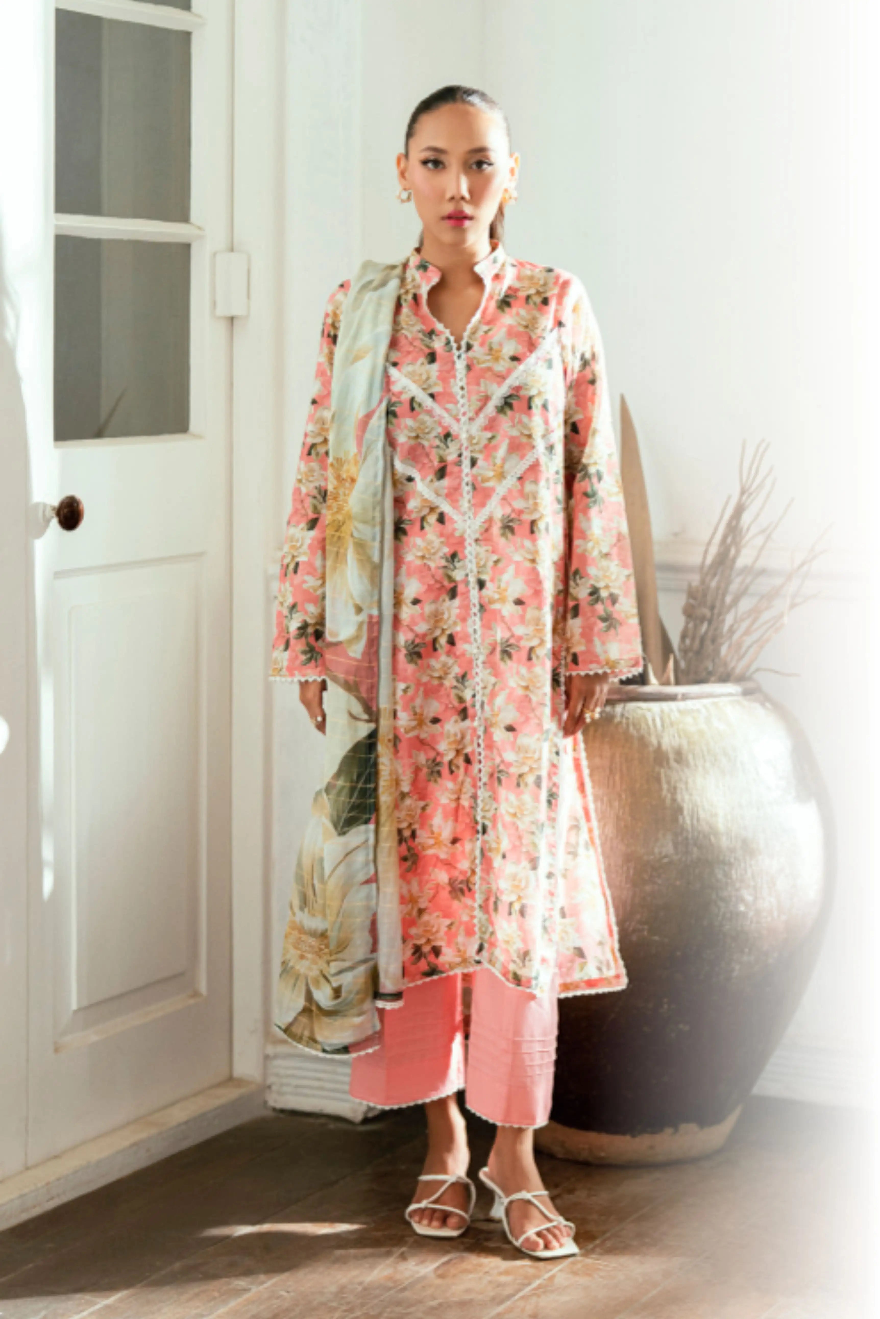 3 Pieces - Regalia Unstitched Baby Pink Jscquard Cambric Suit