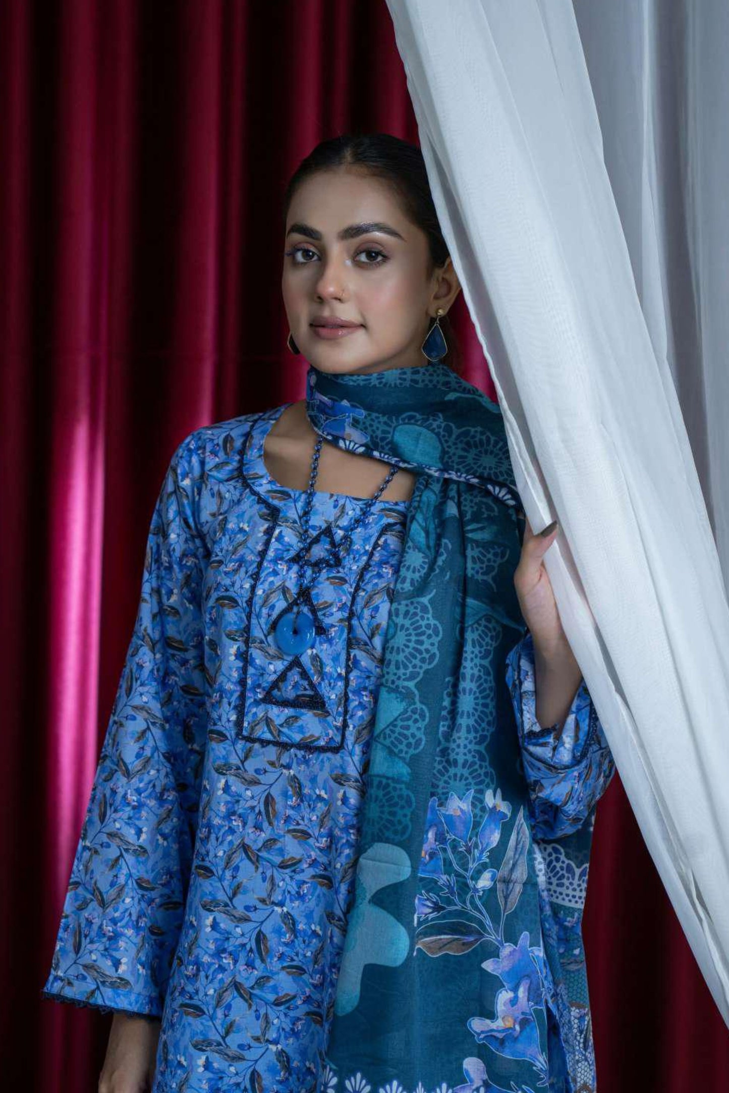 3 Pieces - B&C Unstitched Turkish Blue Printed Lawn Suit