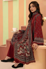 3 Pieces - Raabi  Unstitched Maroon Printed Ladies Linen Suit
