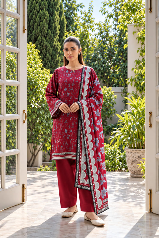 3 Piece - Marooj Ethnic Premium Printed  Unstitched Maroon khaddar Suit