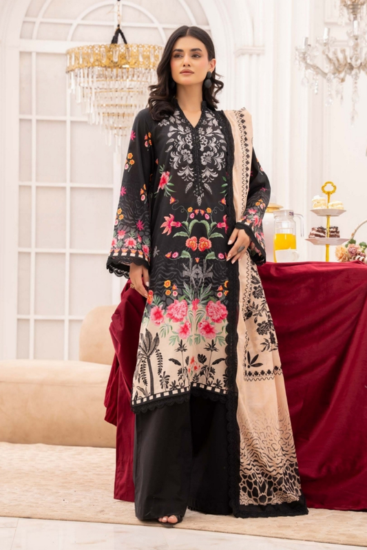 3 Pieces - Raabi Unstitched Black Print Lawn Suit