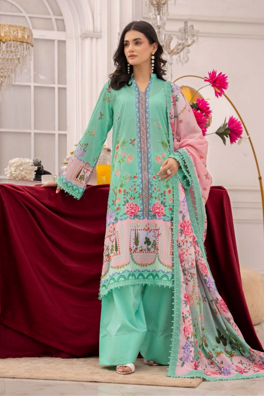 3 Pieces - Raabi Unstitched Pista Print Lawn Suit