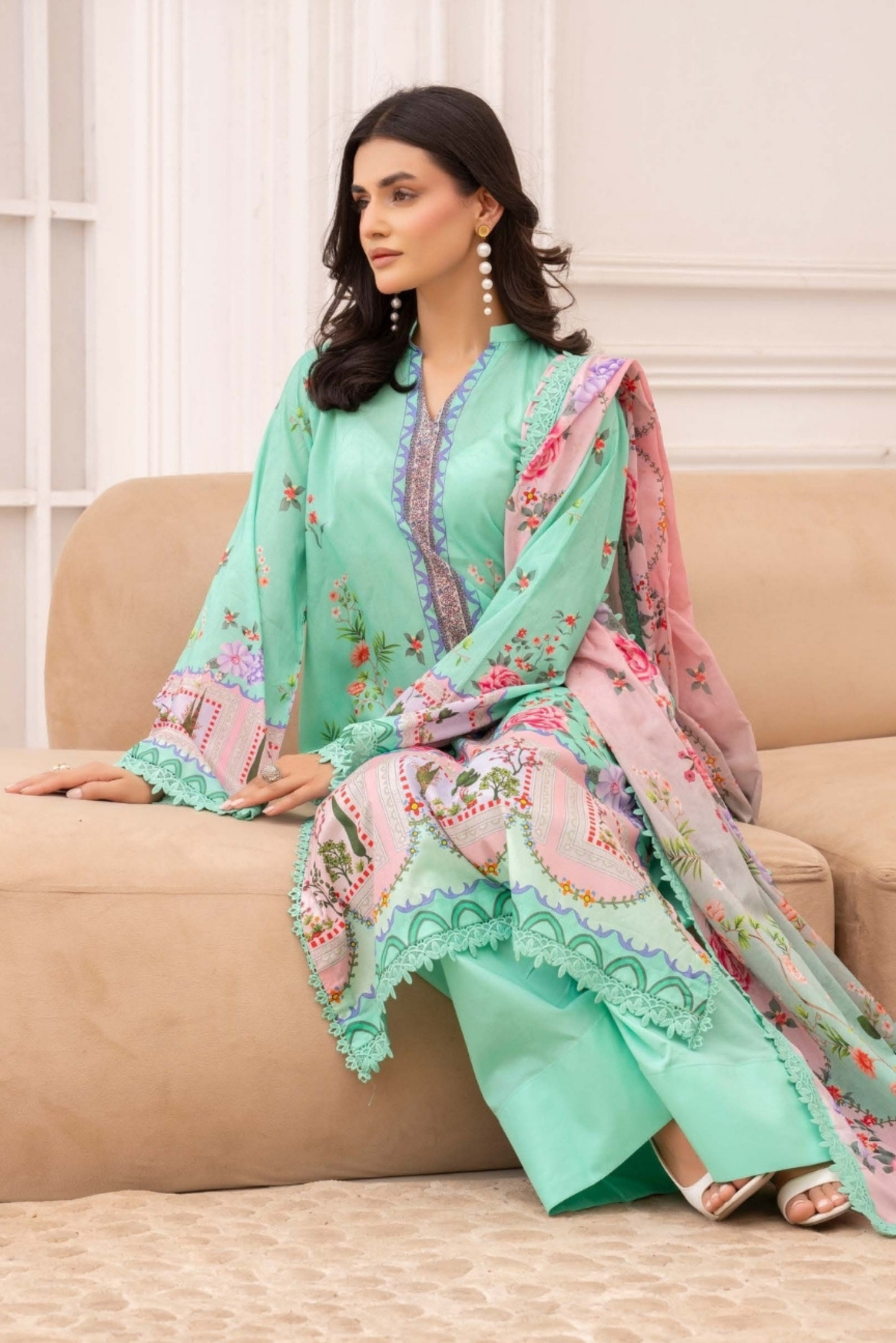 3 Pieces - Raabi Unstitched Pista Print Lawn Suit