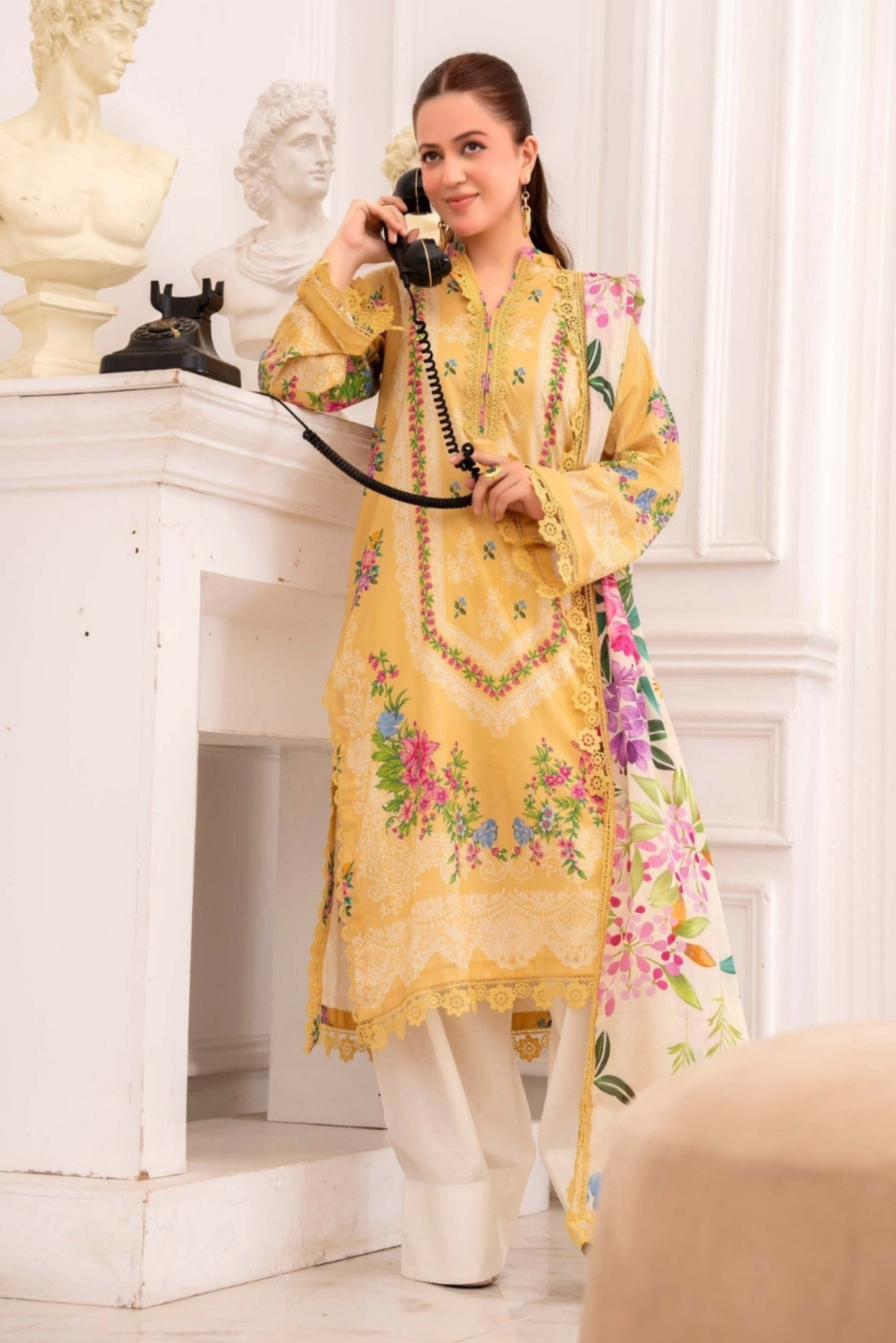 3 Pieces - Raabi Unstitched Yellow Print Lawn Suit