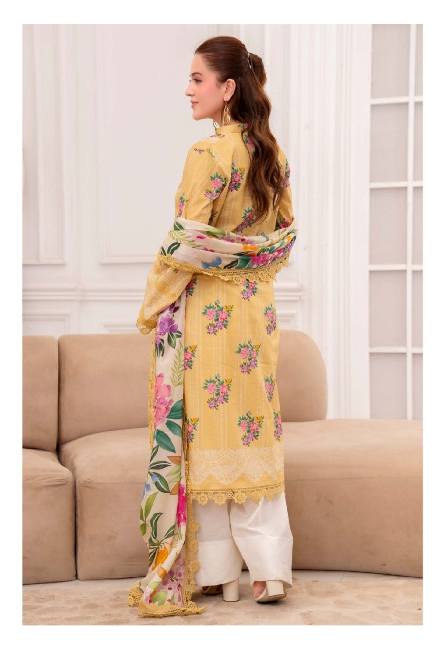 3 Pieces - Raabi Unstitched Yellow Print Lawn Suit