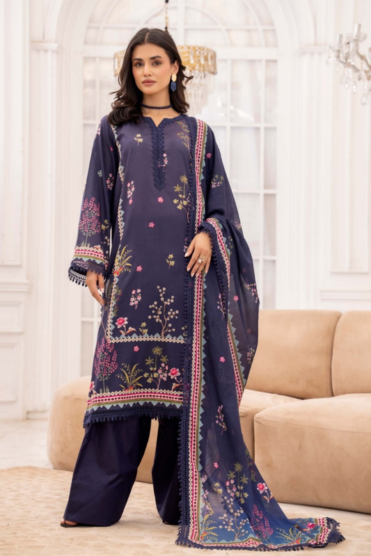 3 Pieces - Raabi Unstitched Purple Print Lawn Suit