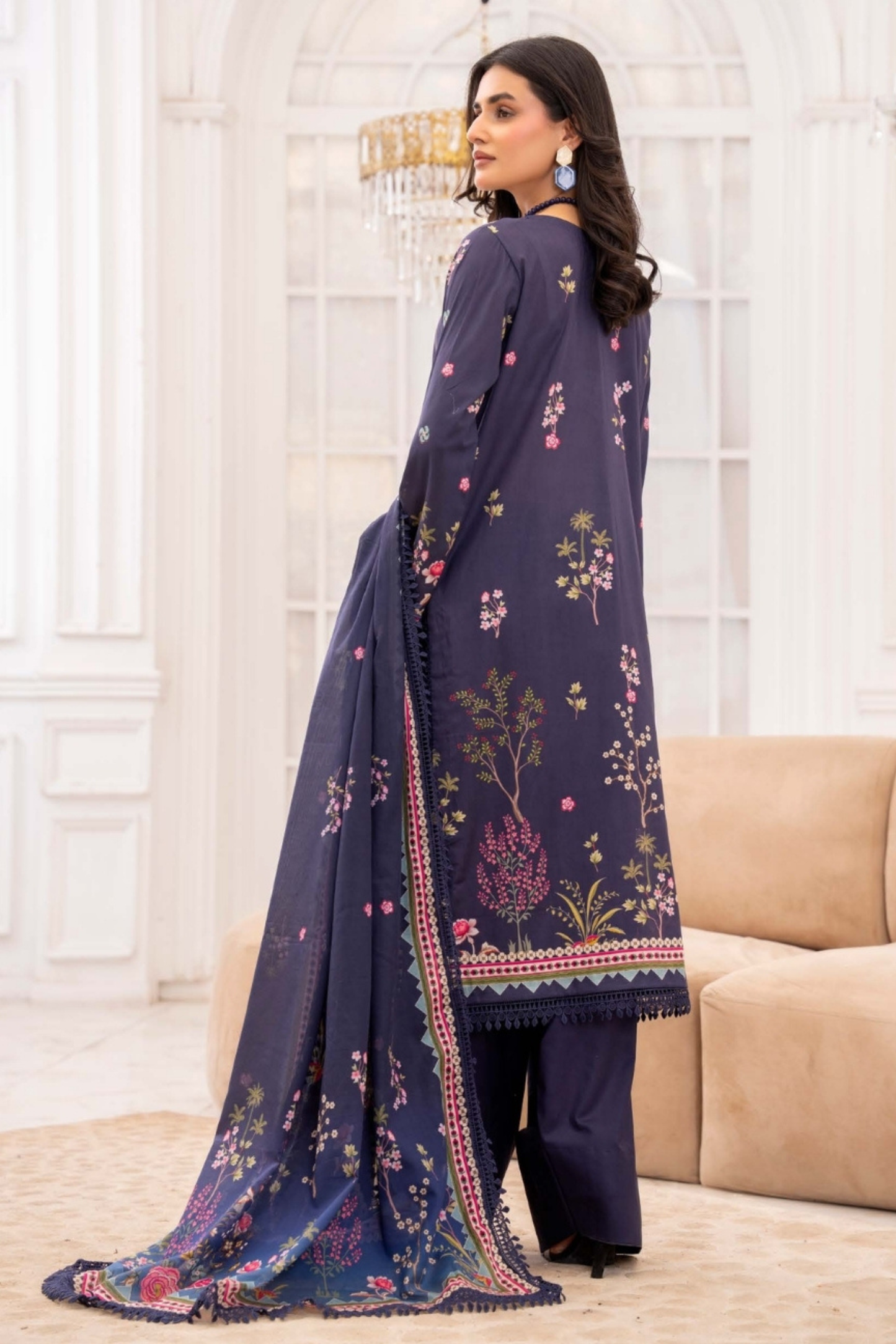 3 Pieces - Raabi Unstitched Purple Print Lawn Suit