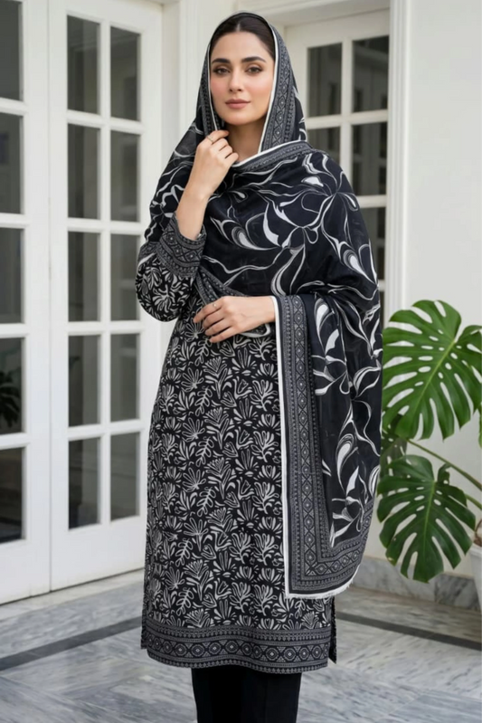 3 Pieces - Sohni Dharti Unstitched Black And White Ladies Lawn Suit