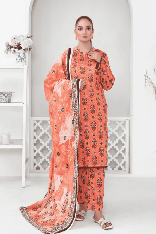 3 Piece - Mahi Unstitched Orange Ladies Print Lawn Suit