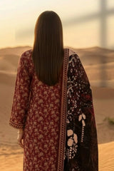 3 Pieces - Janan Unstitched Maroon Printed Lawn Suit