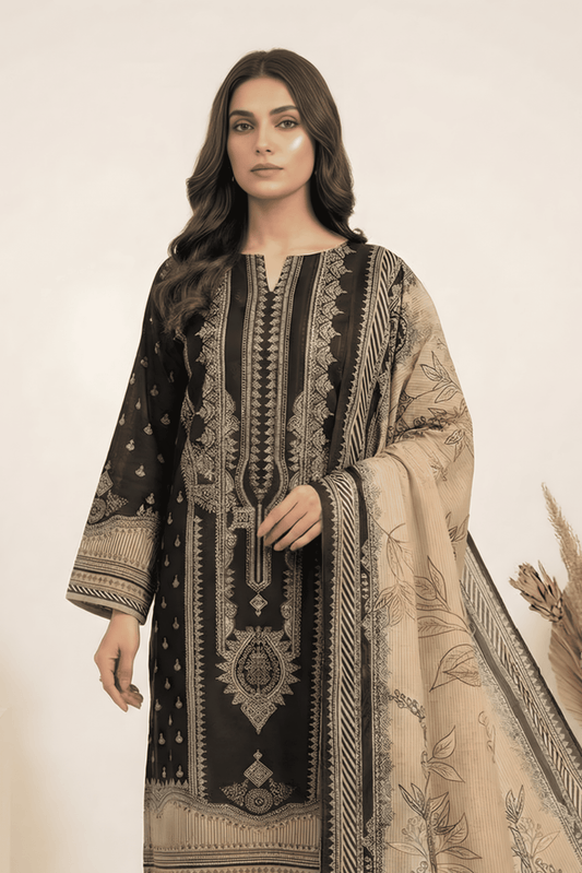 3 Pieces - Marooj Unstitched Garish Black Transliminor Magic Print Lawn Suit