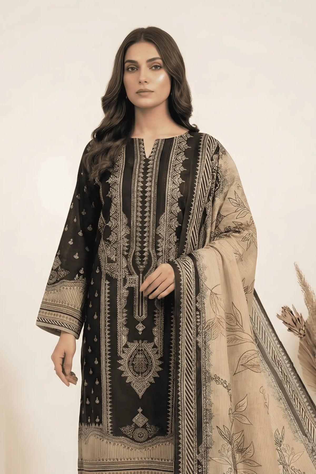 3 Pieces - Marooj Unstitched Garish Black Transliminor Magic Print Lawn Suit