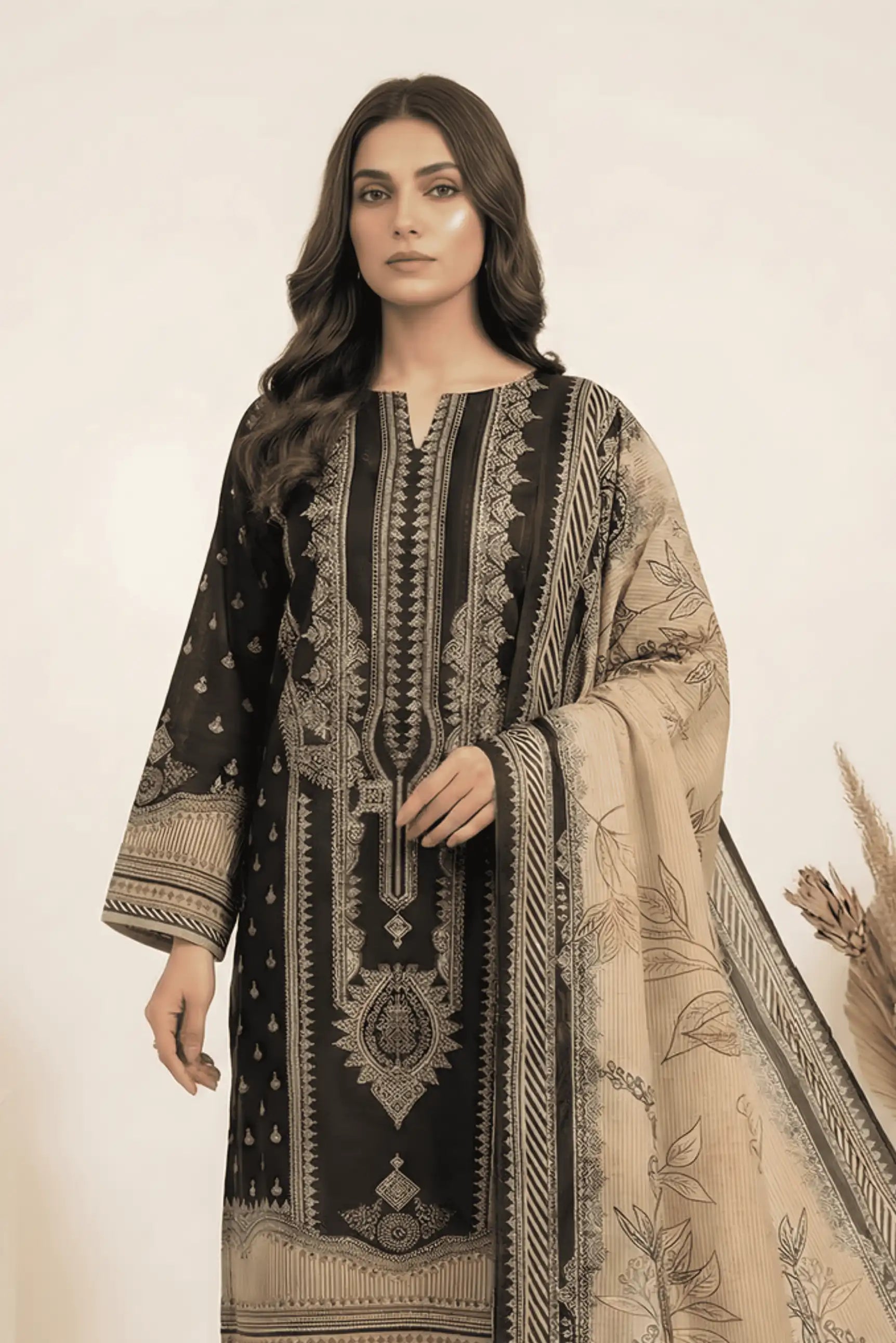 3 Pieces - Marooj Unstitched Garish Black Transliminor Magic Print Lawn Suit