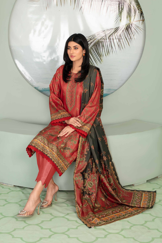 3 Pieces - Aizal Unstitched Red Printed Shamray Linen Suit