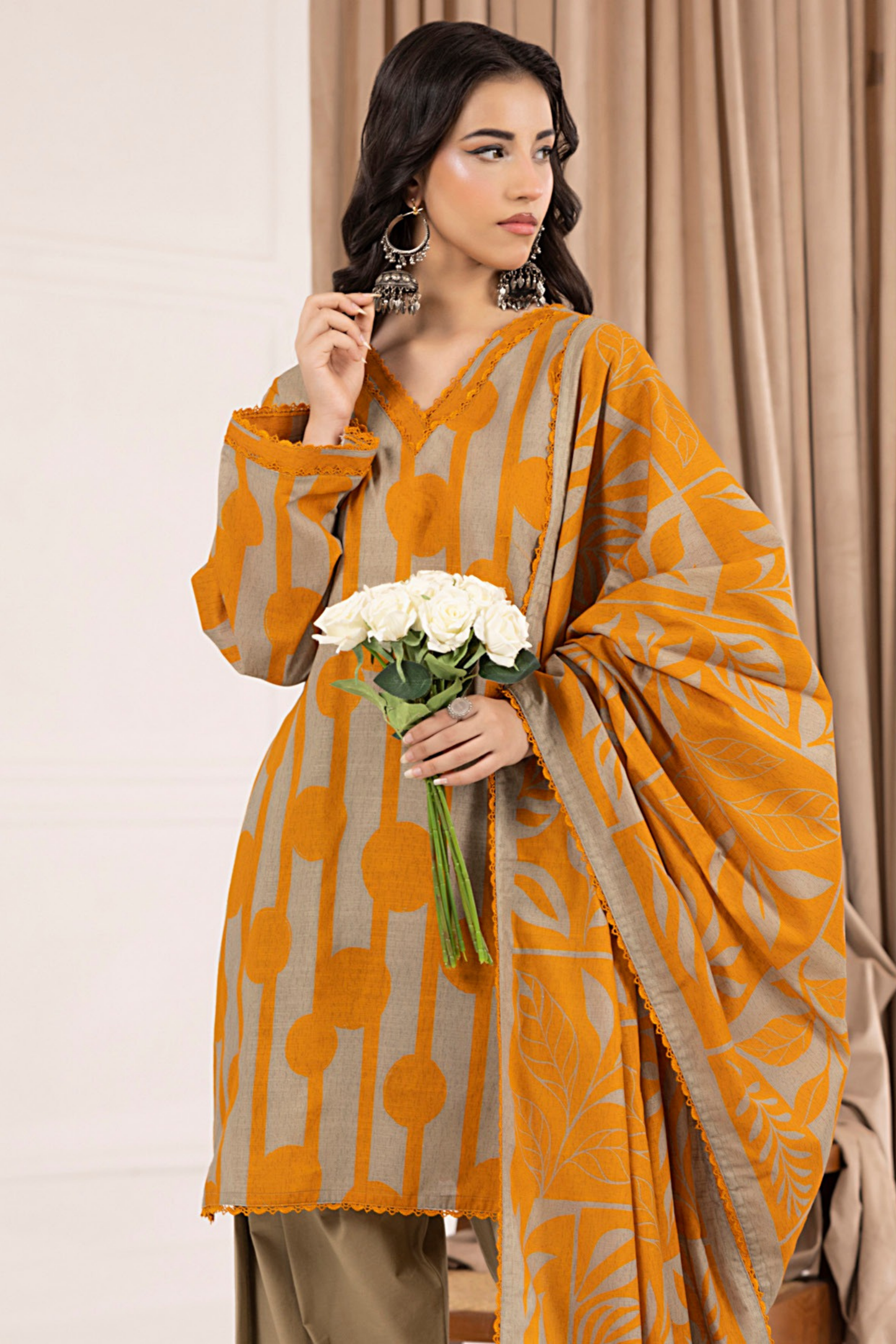 3 Pieces - Regalia Unstitched Orange Printed Khaddar Suit