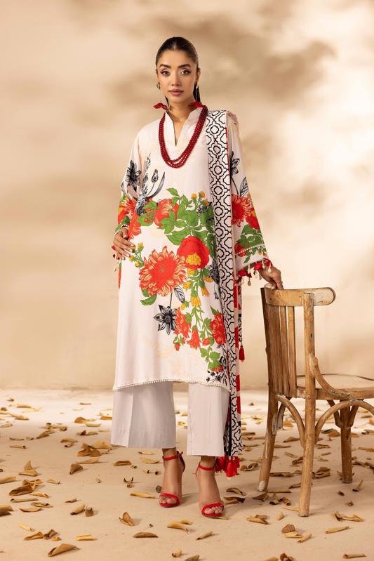 3 Pieces - Rangreza Unstitched Off White Printed Linen Suit