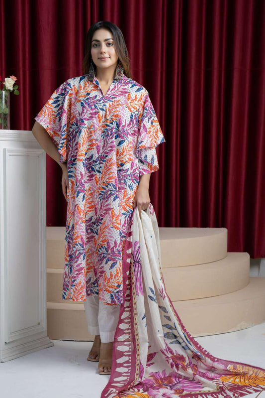 3 Pieces - B&C Unstitched Off White Printed Lawn Suit