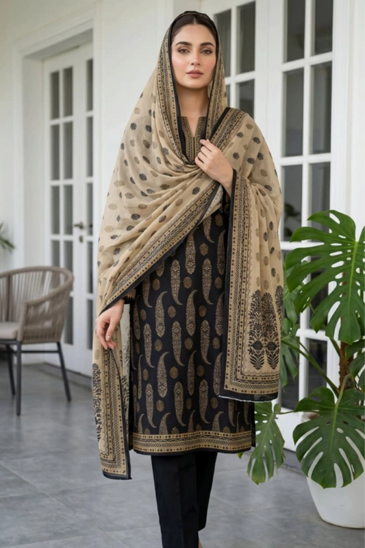 3 Pieces - Sohni Dharti Unstitched Black And White Ladies Lawn Suit