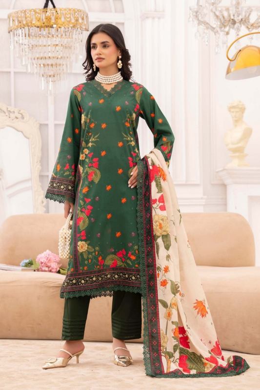 3 Pieces - Raabi Unstitched Green Print Lawn Suit