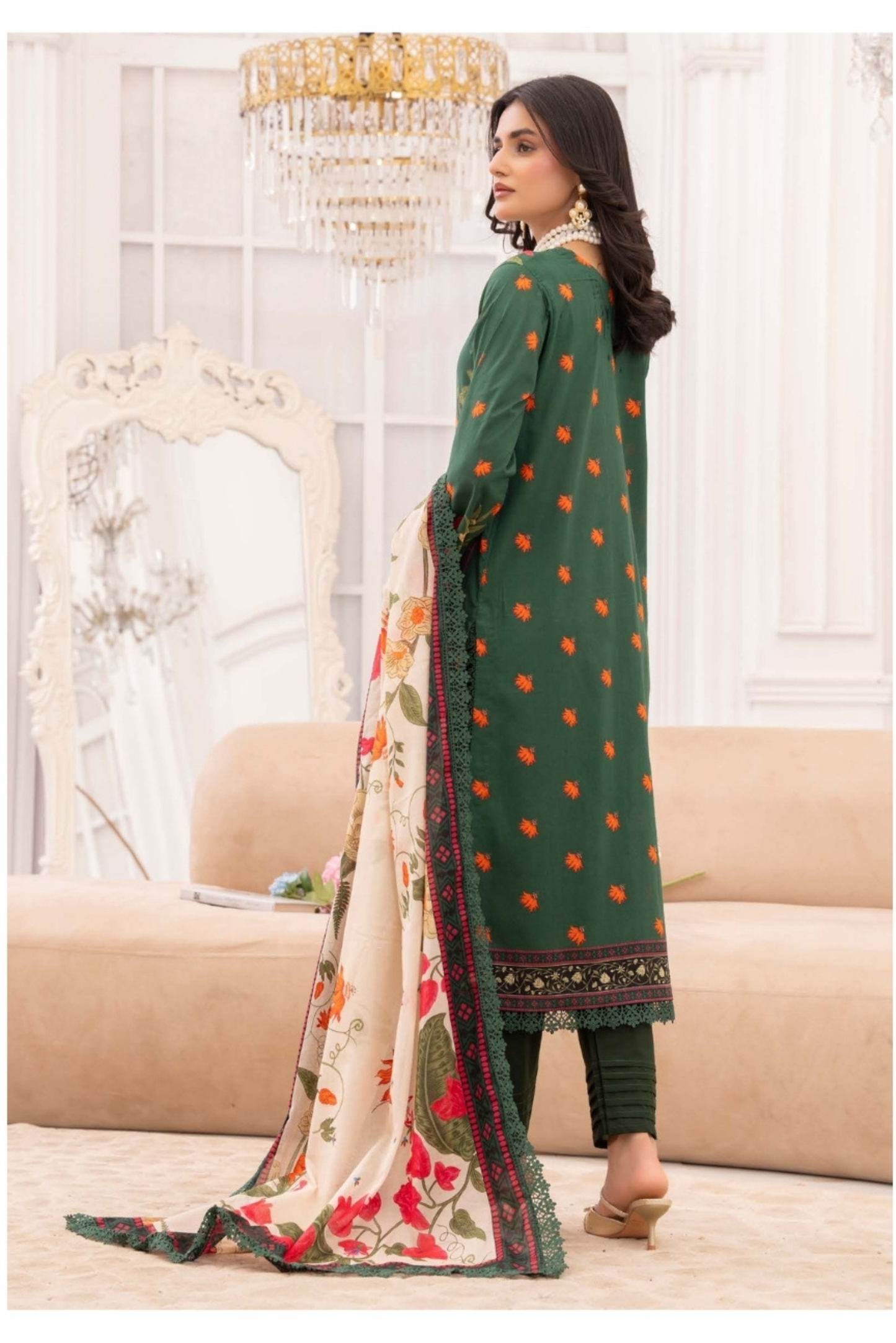 3 Pieces - Raabi Unstitched Green Print Lawn Suit