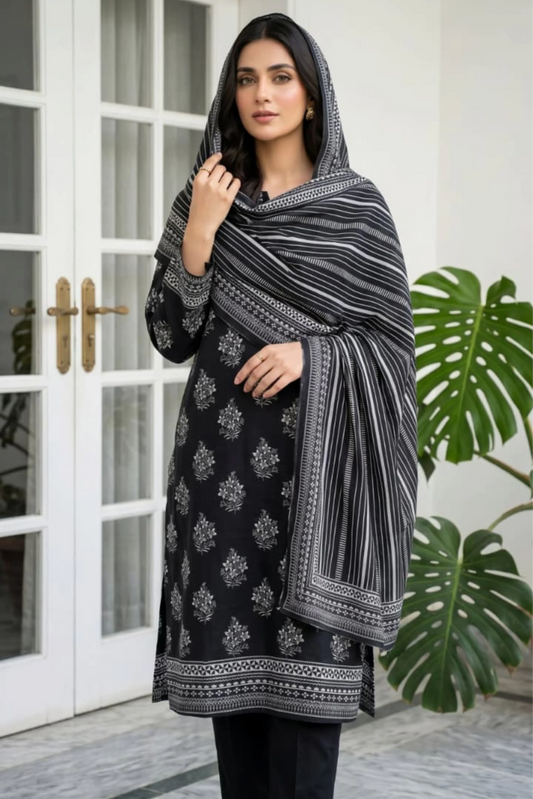 3 Pieces - Sohni Dharti Unstitched Black Ladies Lawn Suit