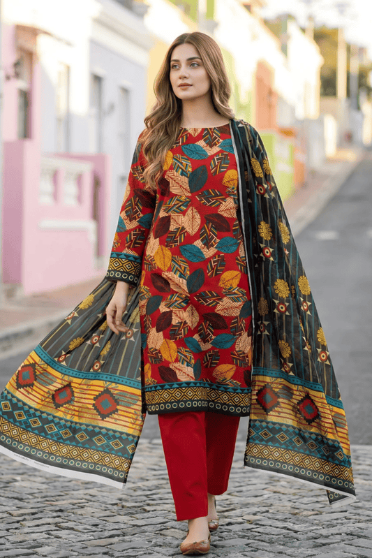 3 Pieces - Sohni Dharti Unstitched Red Transliminar Magic Print Lawn Suit