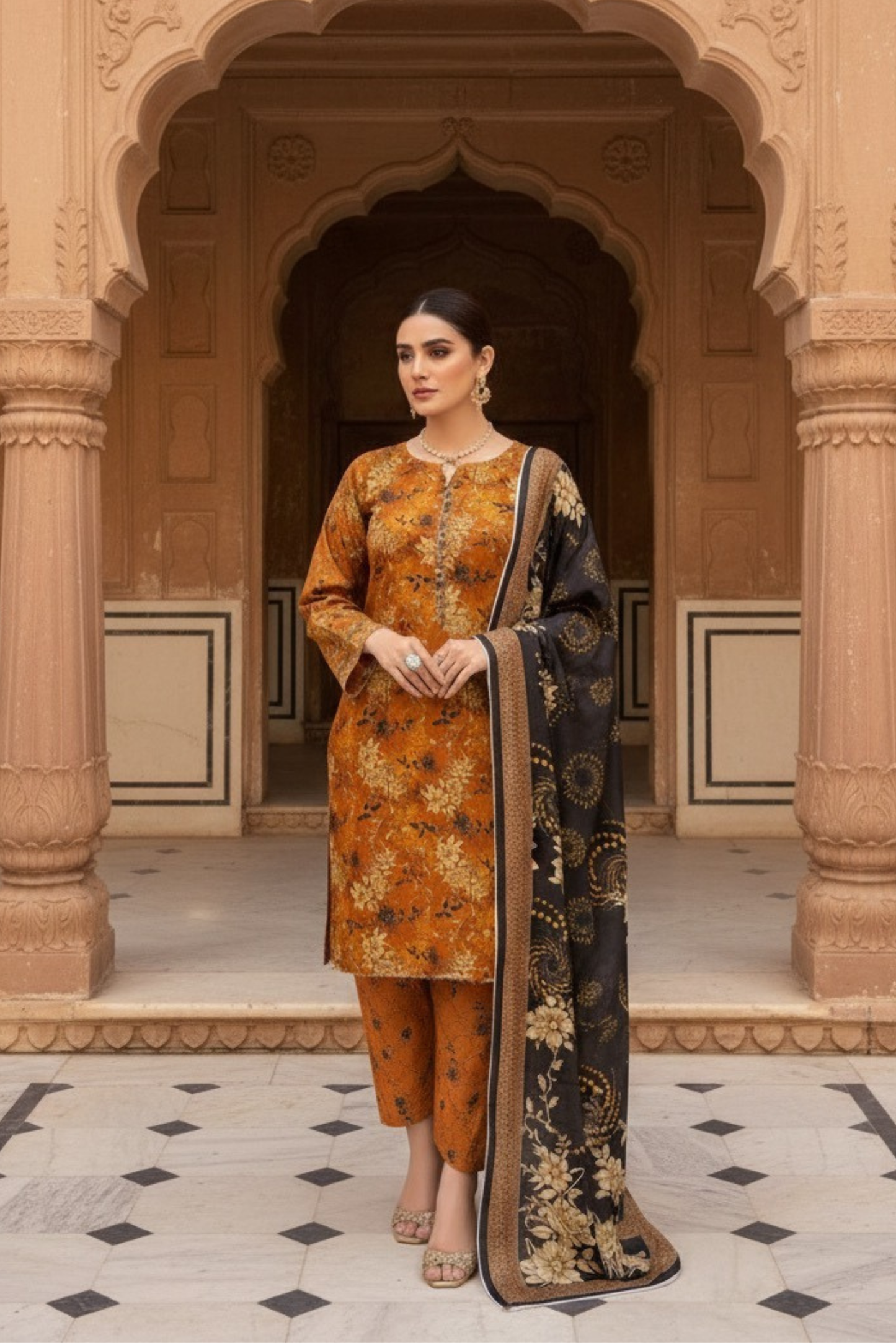 3 Pieces - Marooj Unstitched Orange BanaDora Linen Suit
