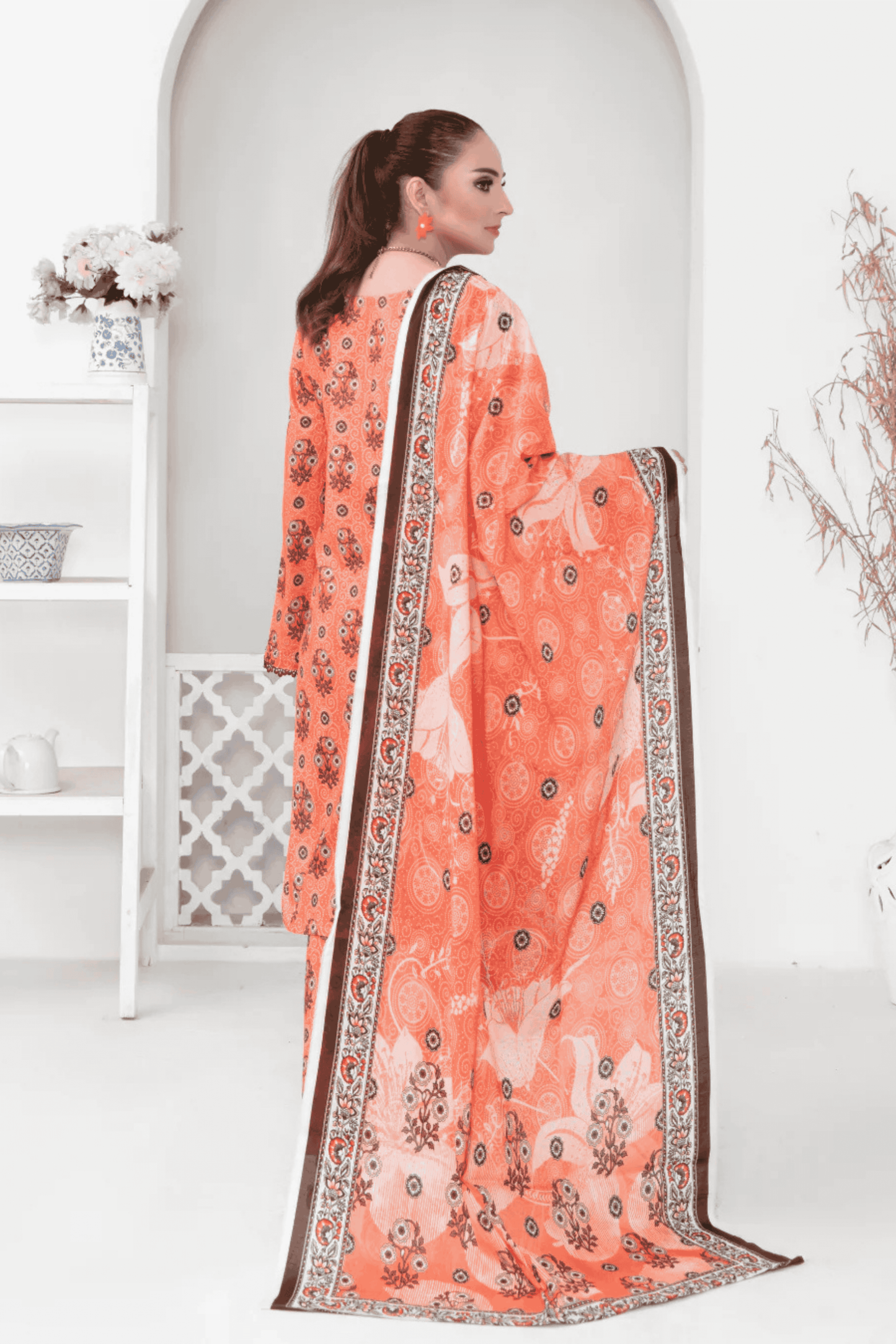 3 Piece - Mahi Unstitched Orange Ladies Print Lawn Suit