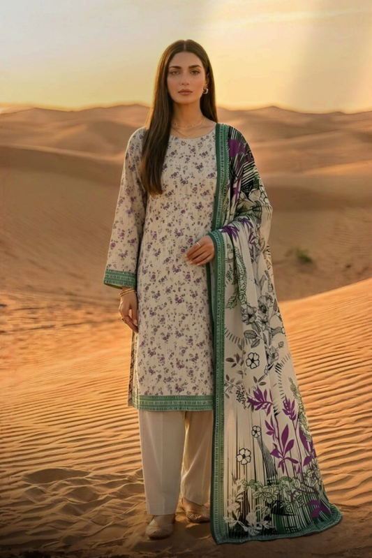 3 Pieces - Janan Unstitched Cream Printed Lawn Suit