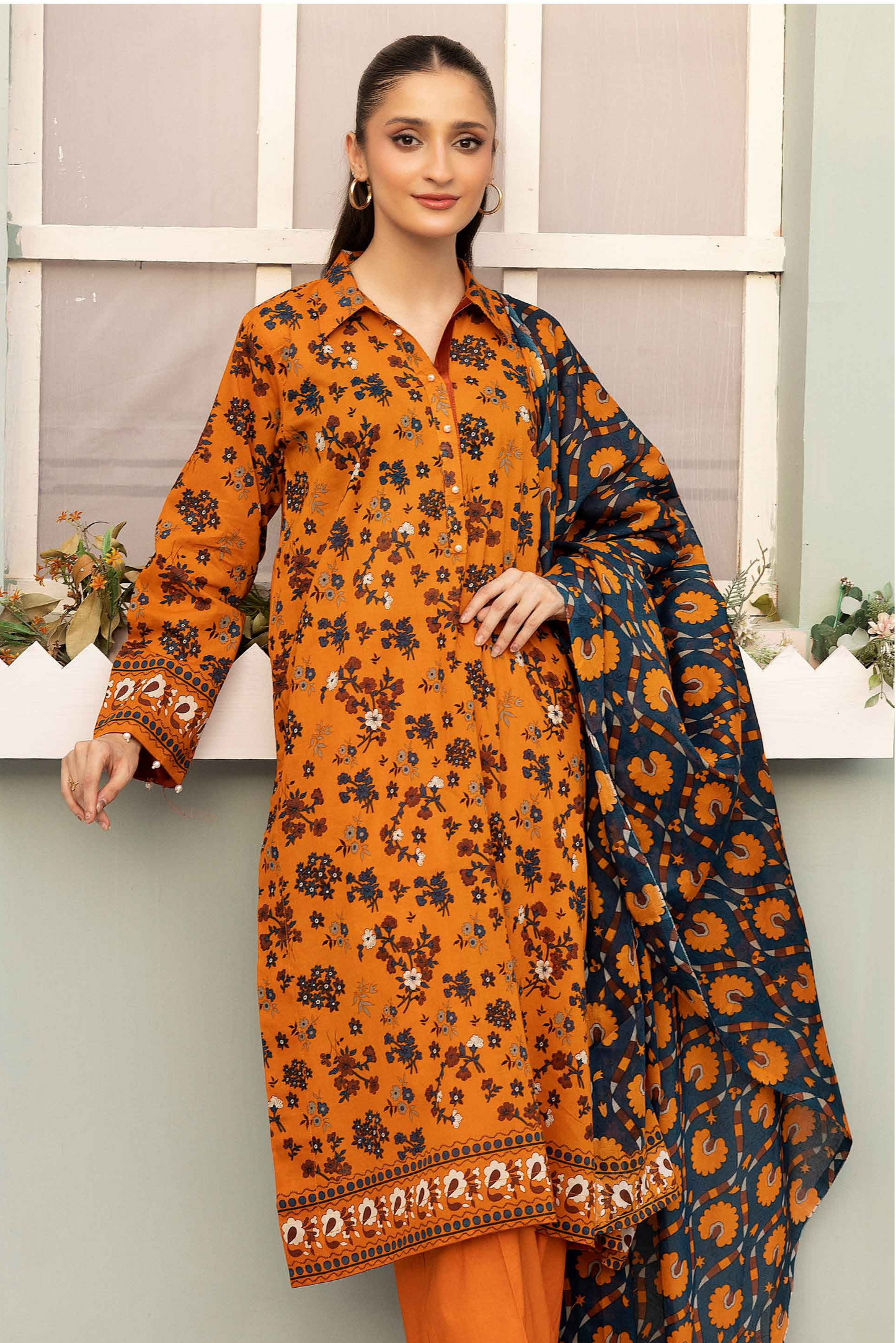 3 Pieces - Haya By Legends Unstitched Orange Printed Lawn Suit