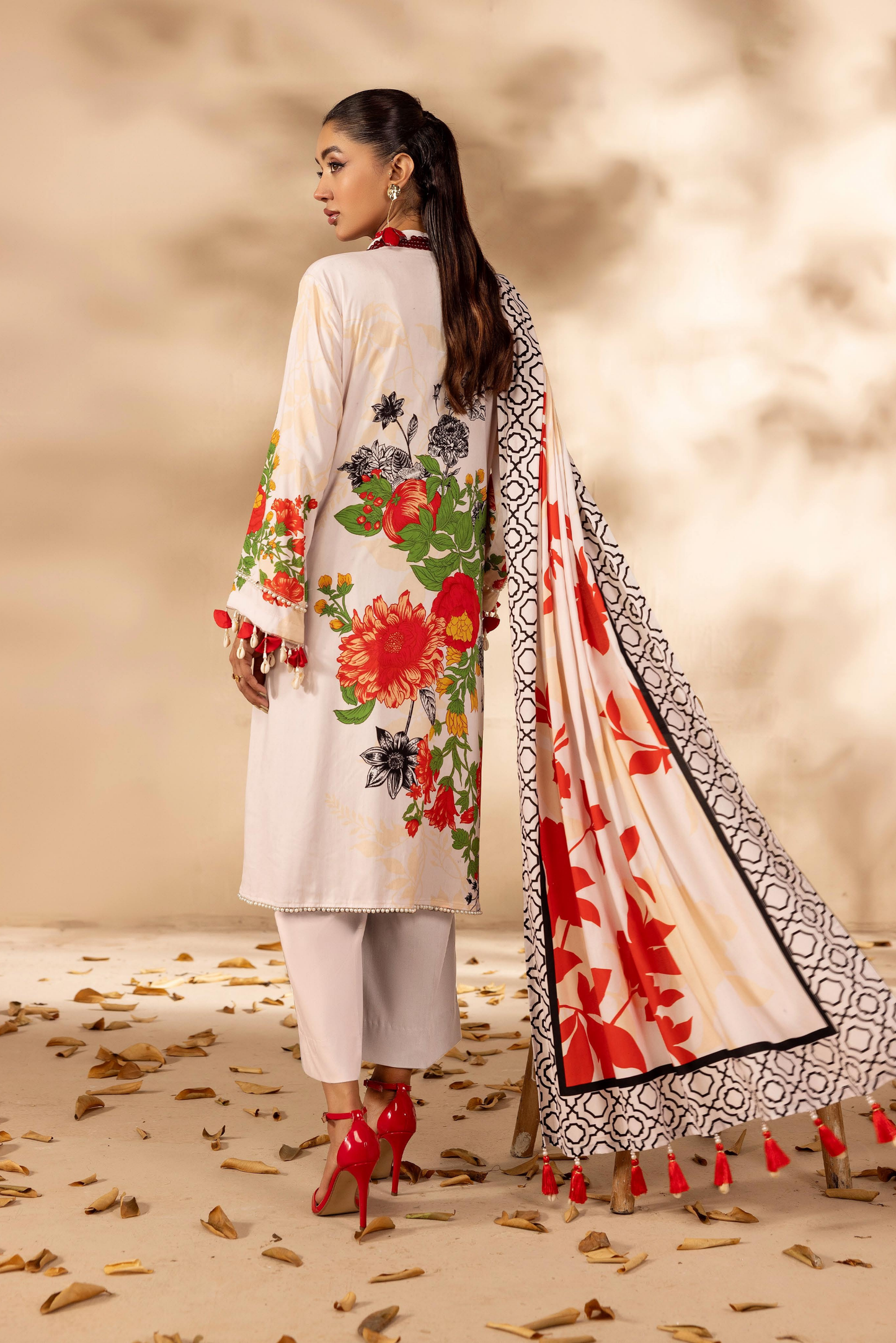3 Pieces - Rangreza Unstitched Off White Printed Linen Suit