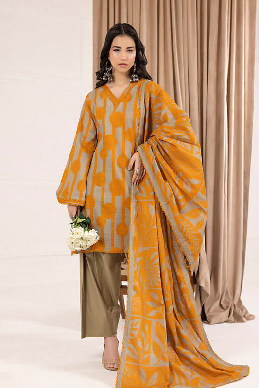 3 Pieces - Regalia Unstitched Orange Printed Khaddar Suit