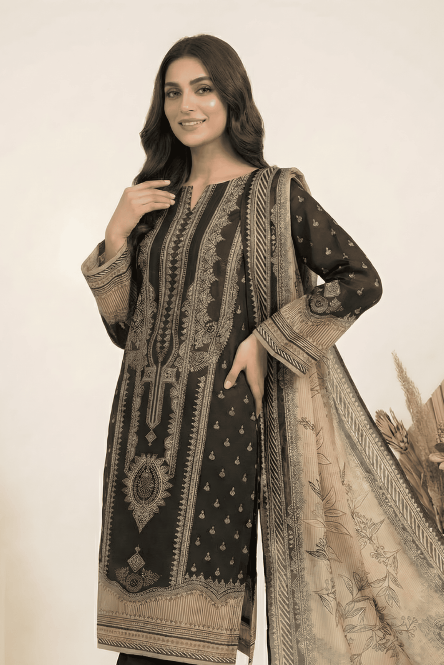 3 Pieces - Marooj Unstitched Garish Black Transliminor Magic Print Lawn Suit