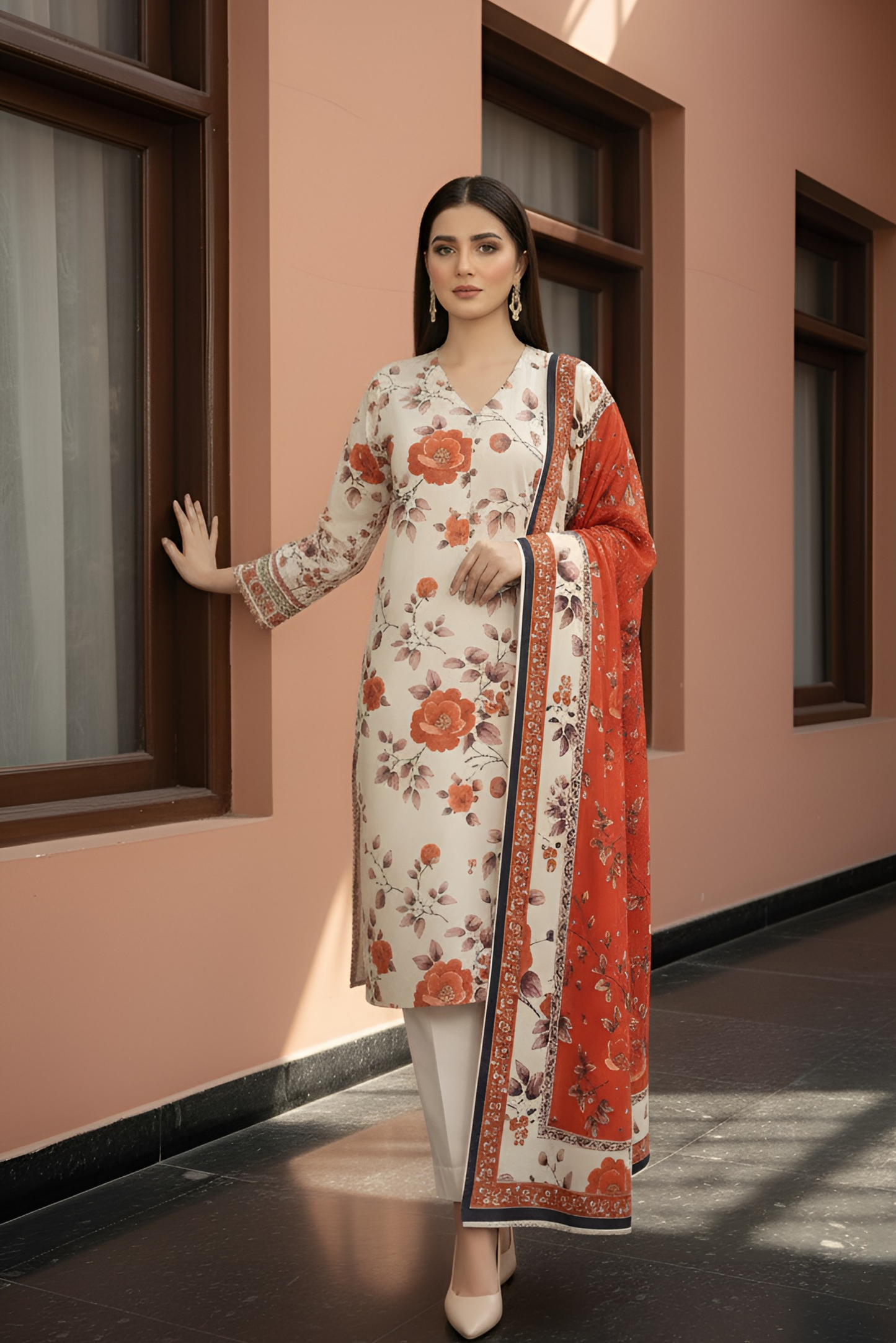 3 Pieces - Marooj Unstitched Cream Printed Khaddar Suit