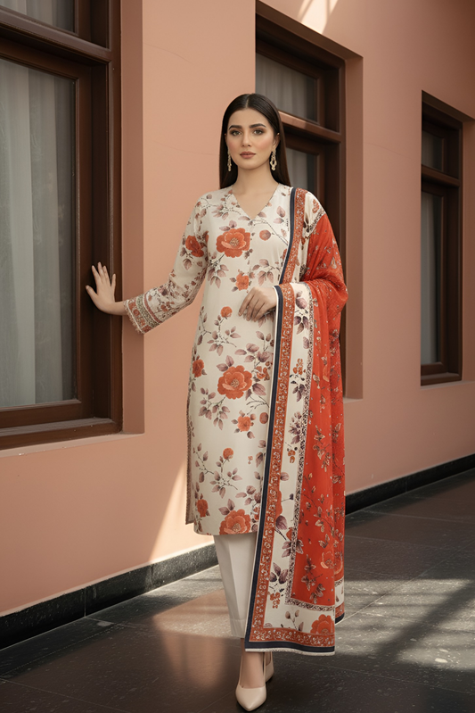 3 Pieces - Marooj Unstitched Cream Printed Khaddar Suit