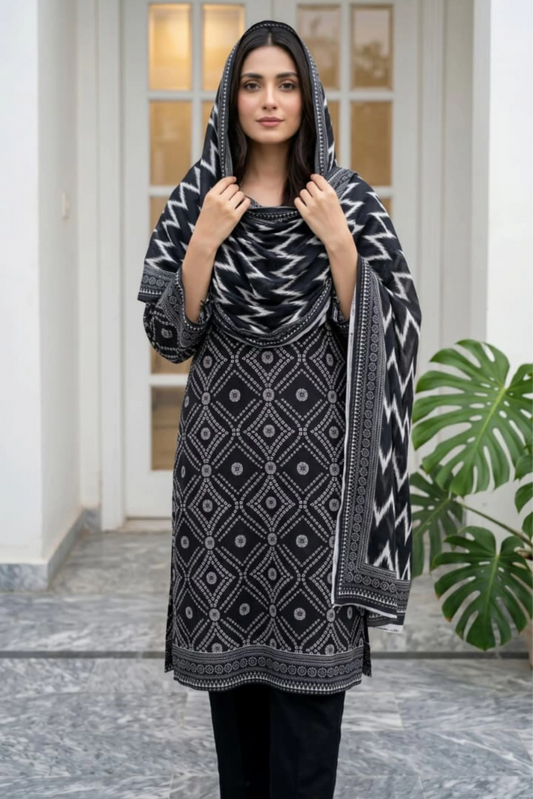 3 Pieces - Sohni Dharti Unstitched Black Ladies Lawn Suit