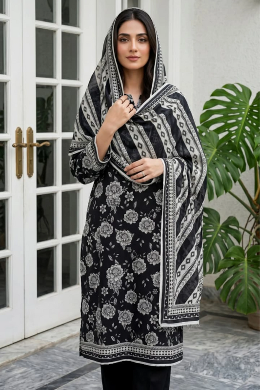 3 Pieces - Sohni Dharti Unstitched Black Ladies Lawn Suit