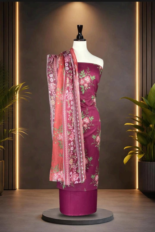 3 Pieces - Rijja By Murashe Unstitched Maroon Ladies Lawn Suit