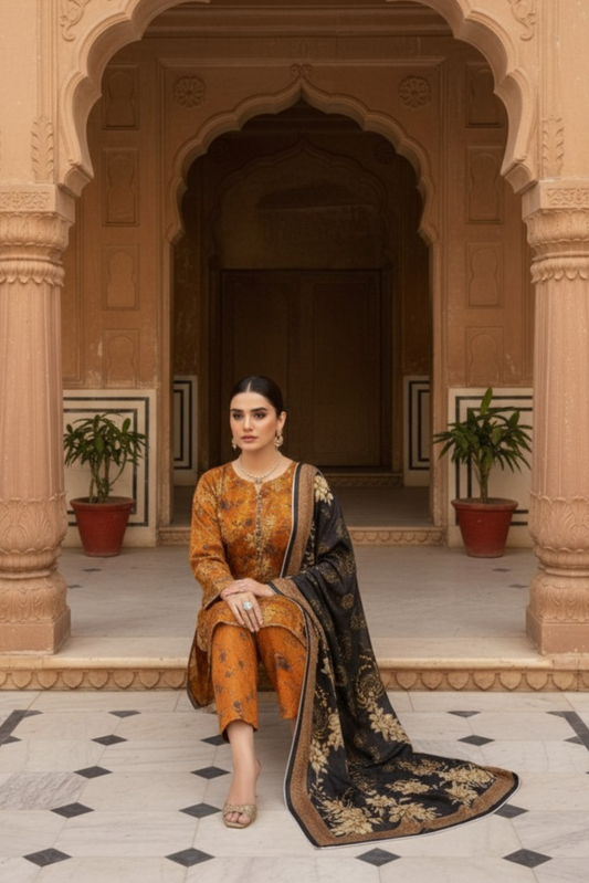 3 Pieces - Marooj Unstitched Orange BanaDora Linen Suit