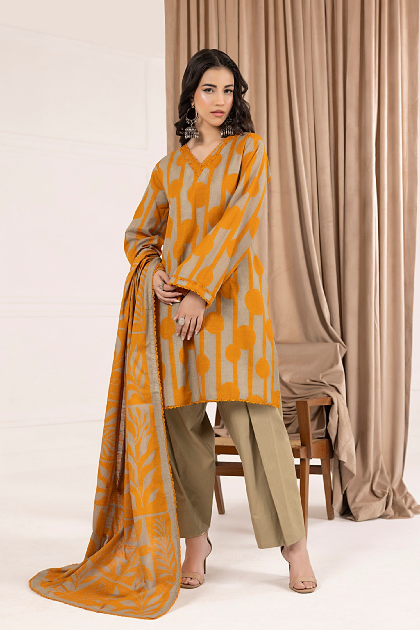 3 Pieces - Regalia Unstitched Orange Printed Khaddar Suit