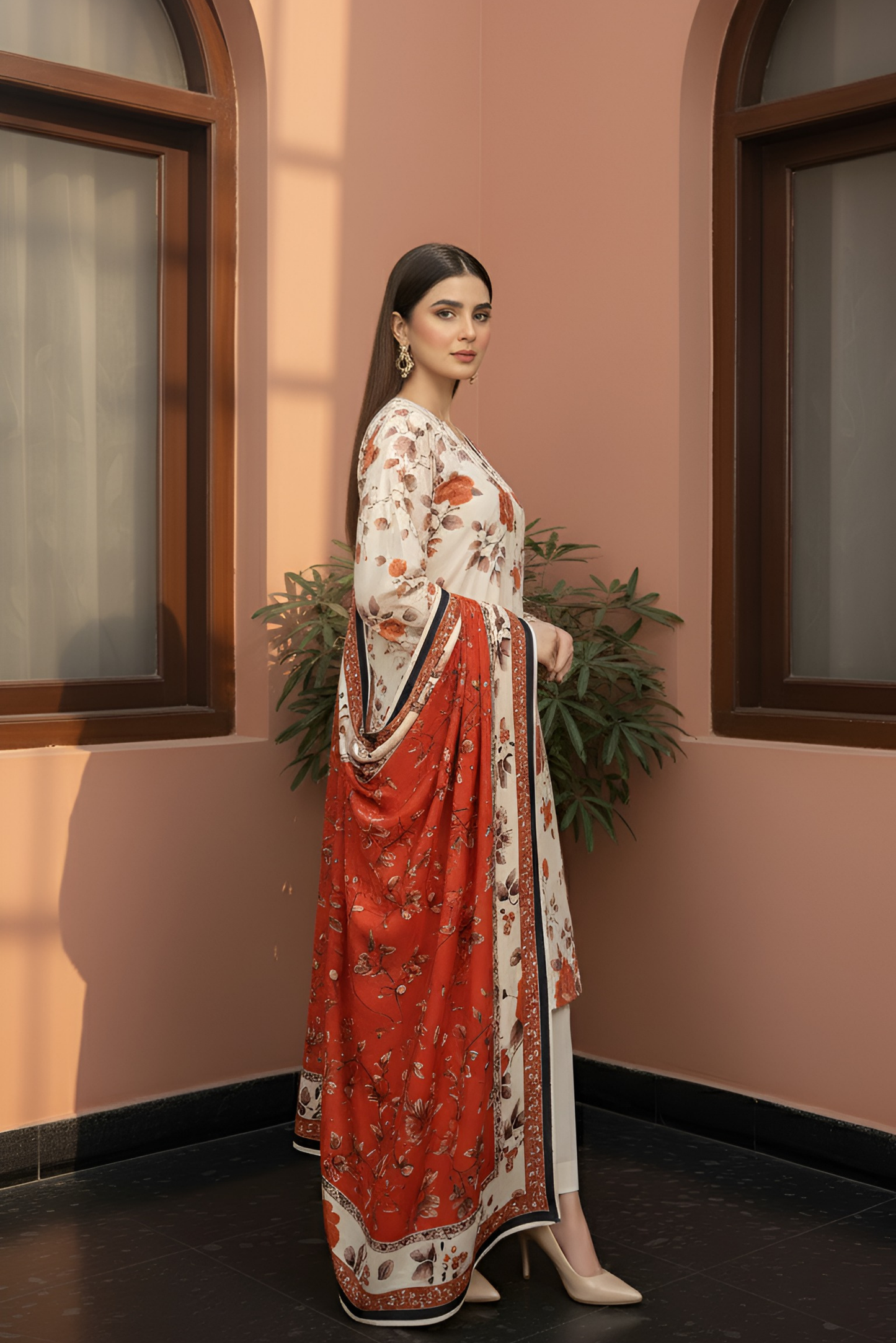3 Pieces - Marooj Unstitched Cream Printed Khaddar Suit