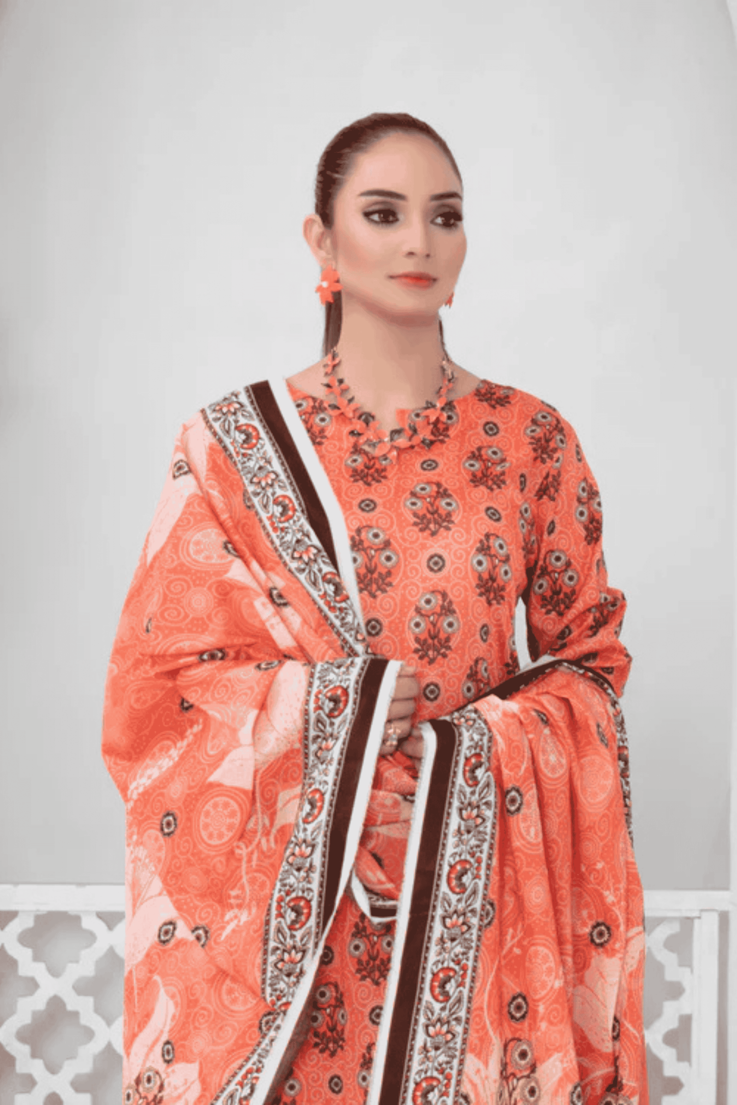 3 Piece - Mahi Unstitched Orange Ladies Print Lawn Suit