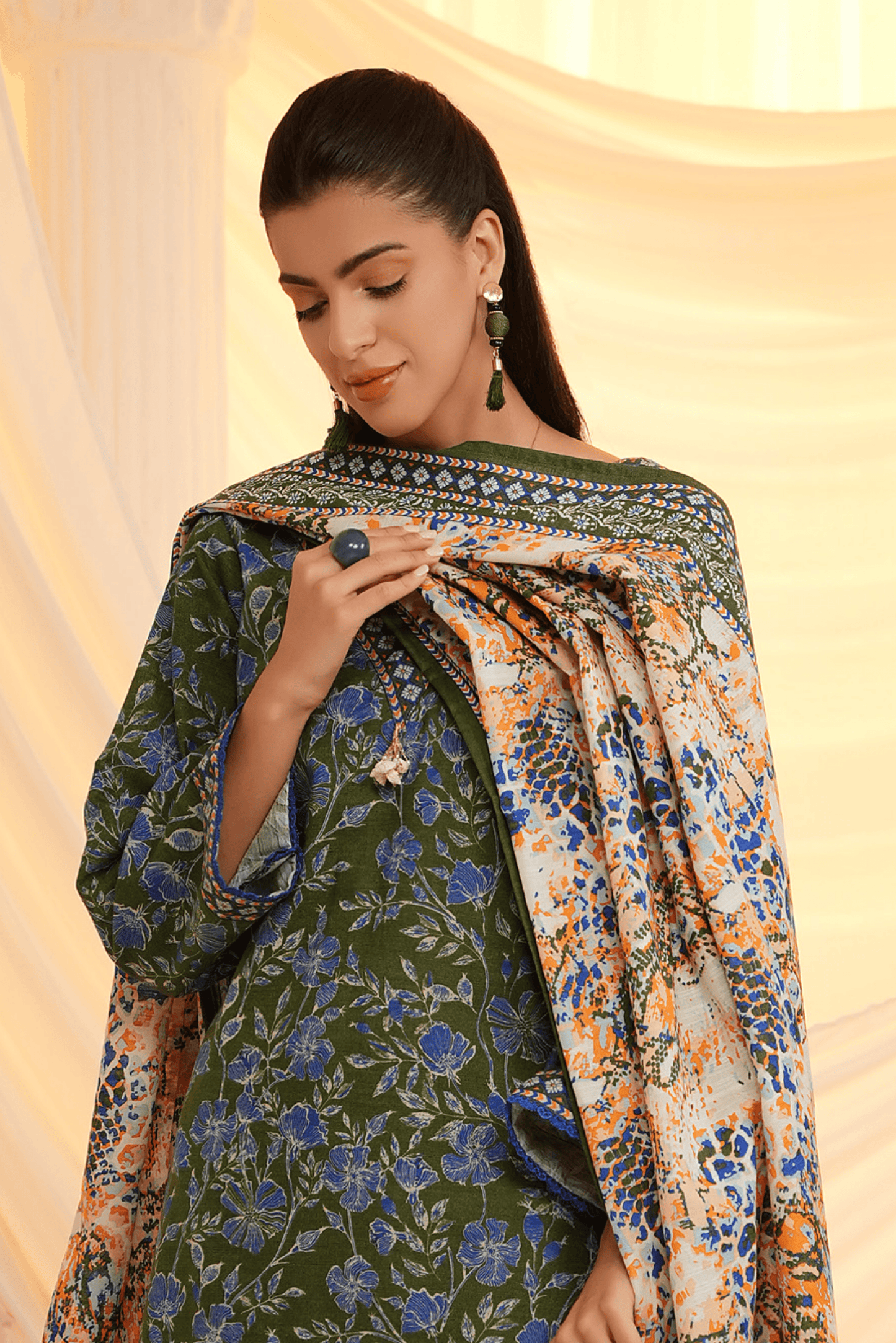 3 Pieces - Regalia Unstitched Green Printed Khaddar Suit