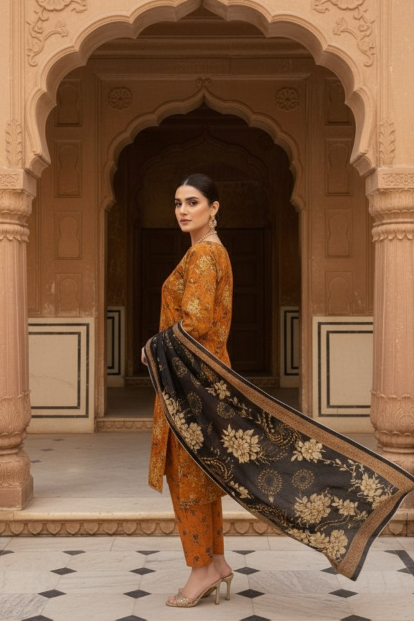 3 Pieces - Marooj Unstitched Orange BanaDora Linen Suit