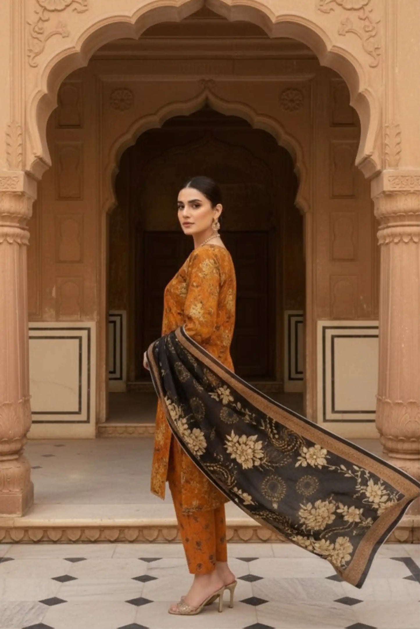 3 Pieces - Marooj Unstitched Orange BanaDora Linen Suit