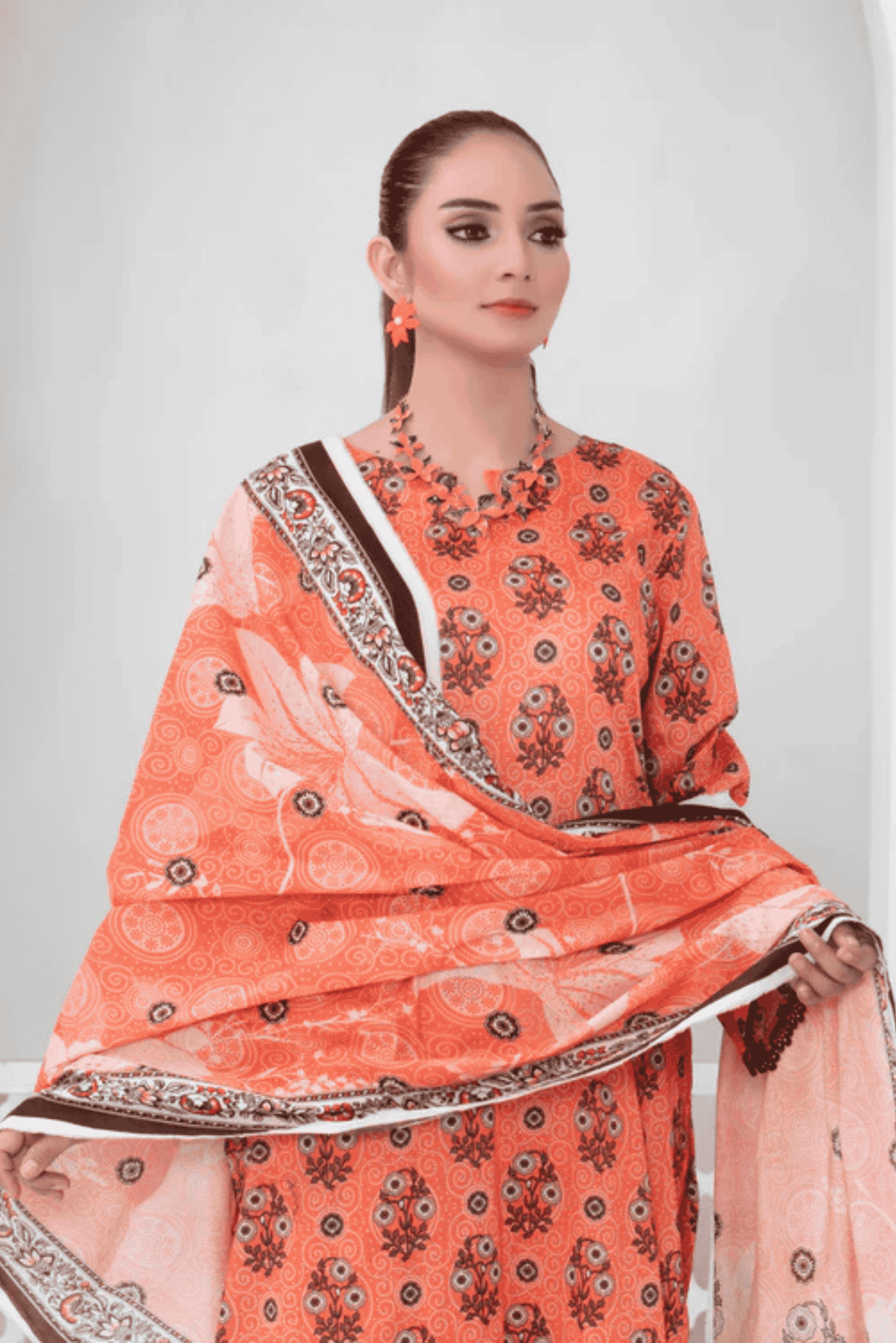 3 Piece - Mahi Unstitched Orange Ladies Print Lawn Suit