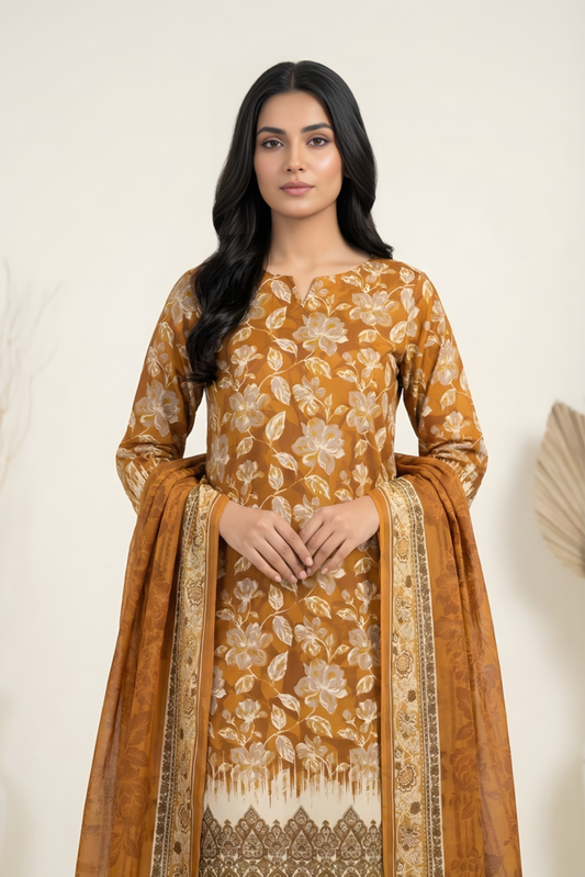 3 Pieces - Marooj Unstitched Mustard Transliminor Magic Print Lawn Suit