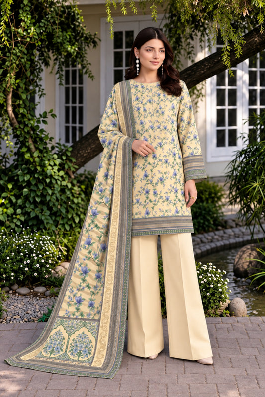 3 Piece - Marooj Ethnic Premium Printed  Unstitched Lemon khaddar Suit